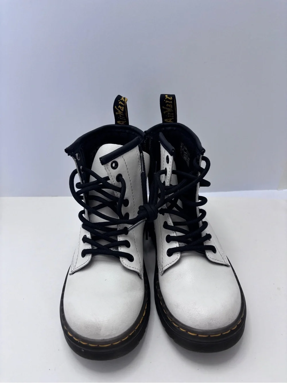 Dr. Martens Kids White Leather Lace-Up Combat Boots with Black Trim